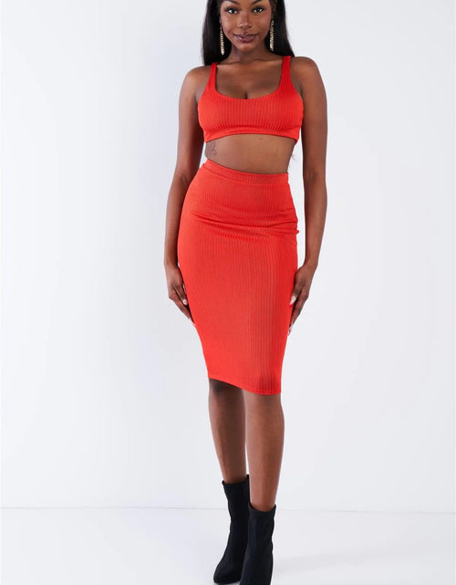 Load image into Gallery viewer, Orange Ribbed Square Neck Crop Top & Mini Bodycon Skirt Set /3-2-1