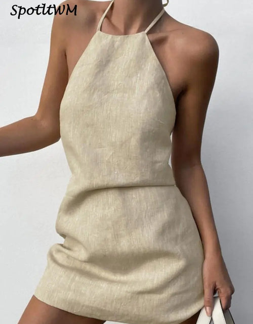 Load image into Gallery viewer, Cotton And Linen Backless Mini Halter Dress
