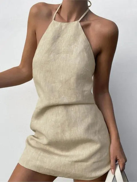 Load image into Gallery viewer, Cotton And Linen Backless Mini Halter Dress
