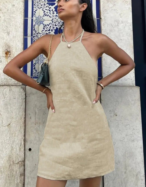 Load image into Gallery viewer, Cotton And Linen Backless Mini Halter Dress
