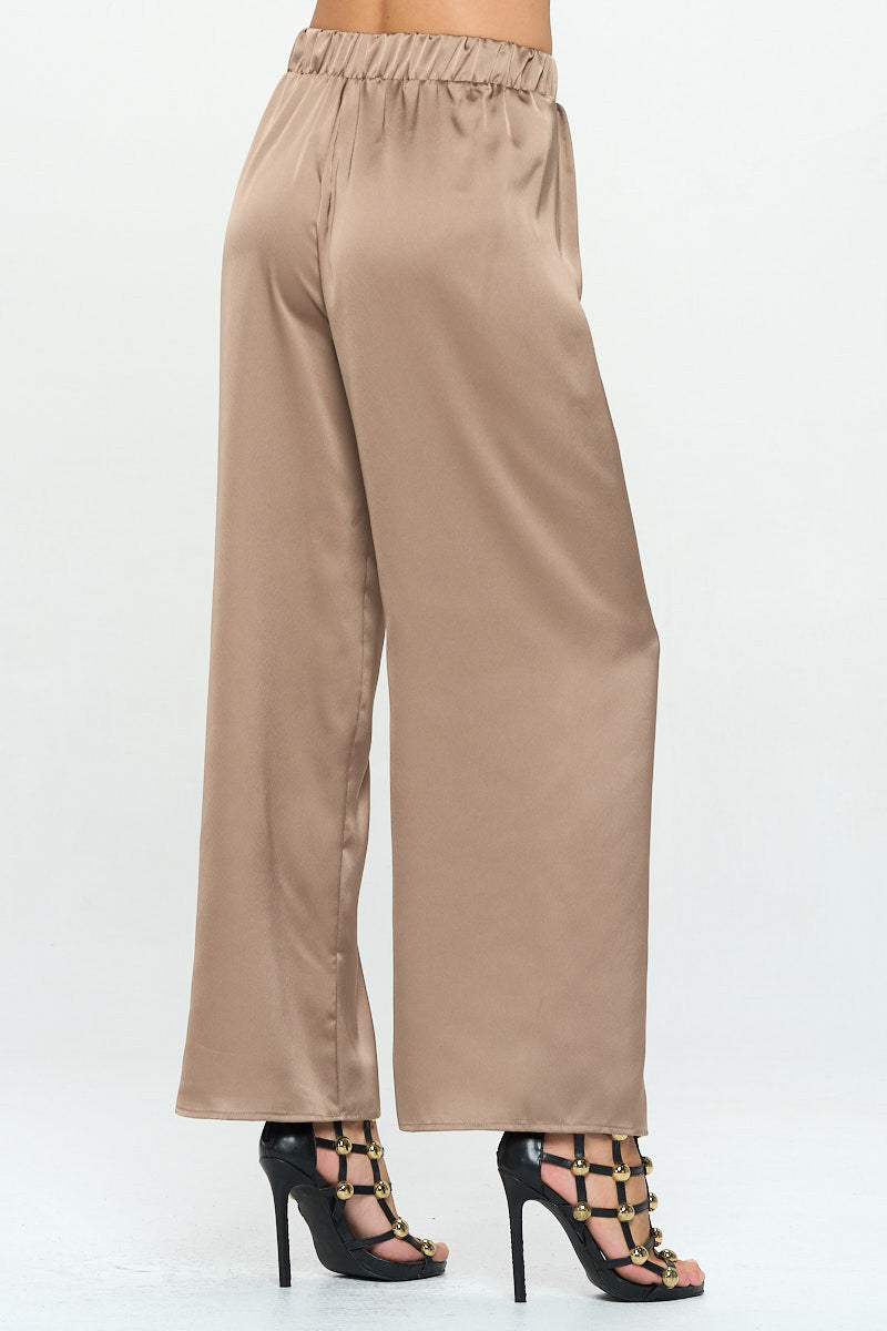 Stretch Satin Pants w/ Elastic Waist and Pockets
