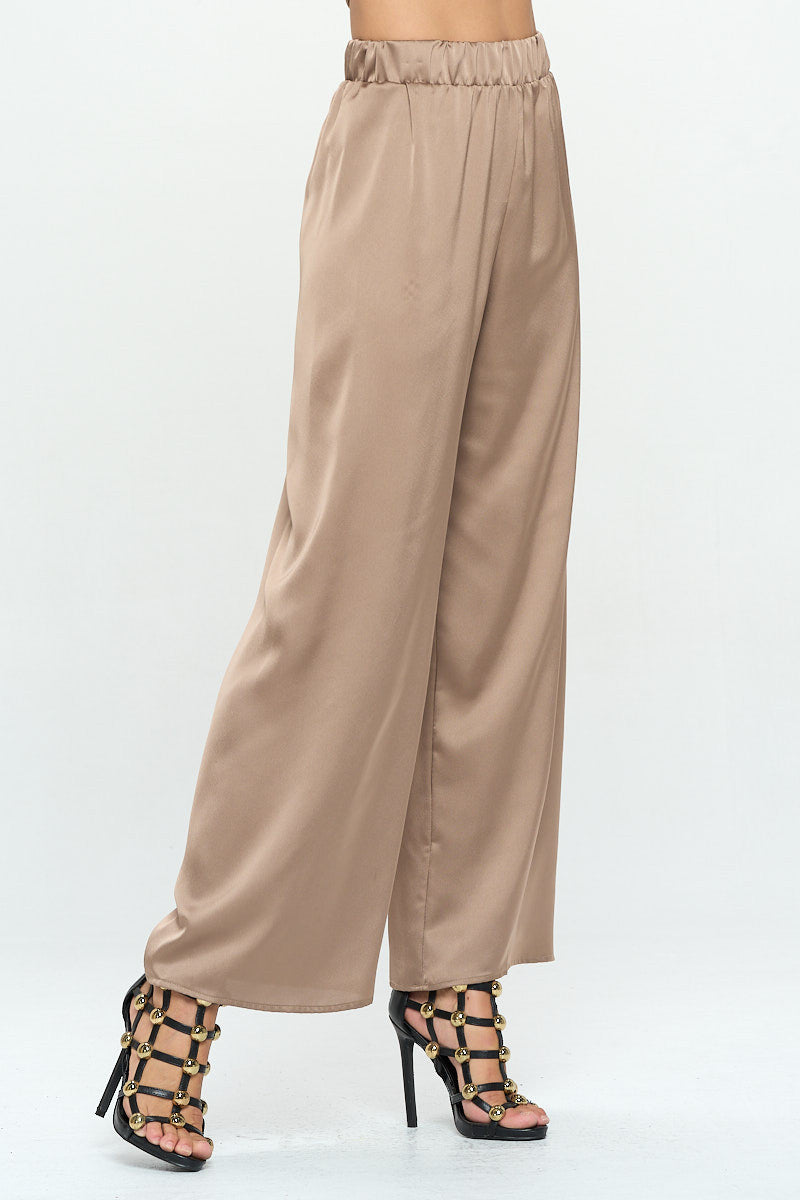 Stretch Satin Pants w/ Elastic Waist and Pockets