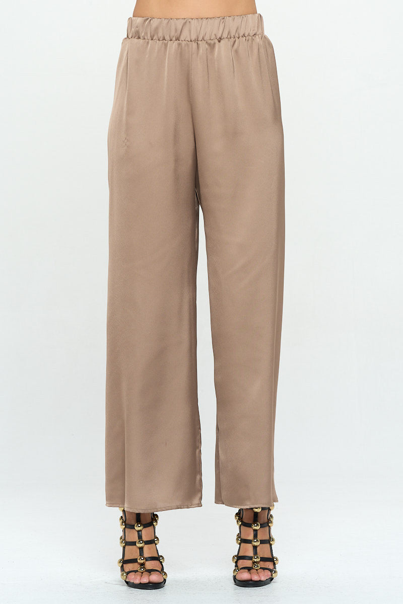 Stretch Satin Pants w/ Elastic Waist and Pockets