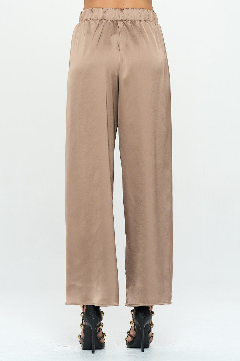 Stretch Satin Pants w/ Elastic Waist and Pockets