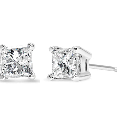 AGS Certified 14k Gold 4-Prong Set Princess-Cut Solitaire Diamond Push Back Stud Earrings (I-J Color, SI2-I1 Clarity)