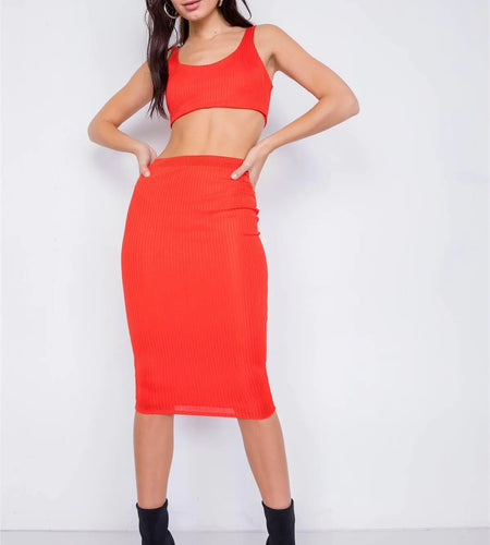 Orange Ribbed Square Neck Crop Top & Mini Bodycon Skirt Set /3-2-1
