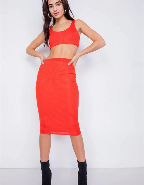 Load image into Gallery viewer, Orange Ribbed Square Neck Crop Top &amp; Mini Bodycon Skirt Set /3-2-1
