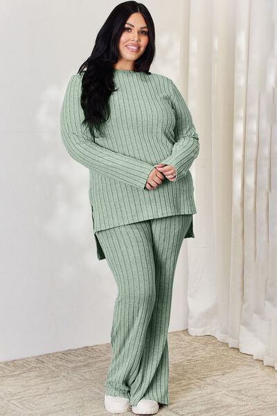 Load image into Gallery viewer, Basic Bae Full Size Ribbed High-Low Top and Wide Leg Pants Set
