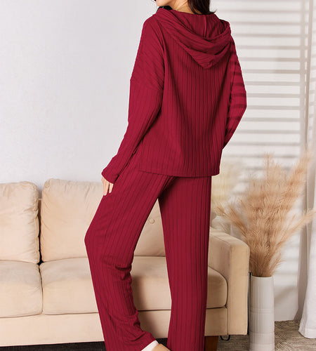 Basic Bae Full Size Ribbed Drawstring Hood Top and Straight Pants Set
